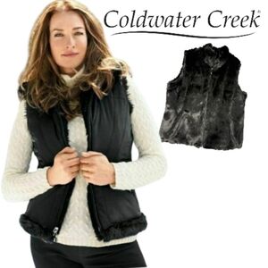 Coldwater Creek Luxe Touch Reversible Black Faux Fur/Puffer Vest Zip Front LG/14